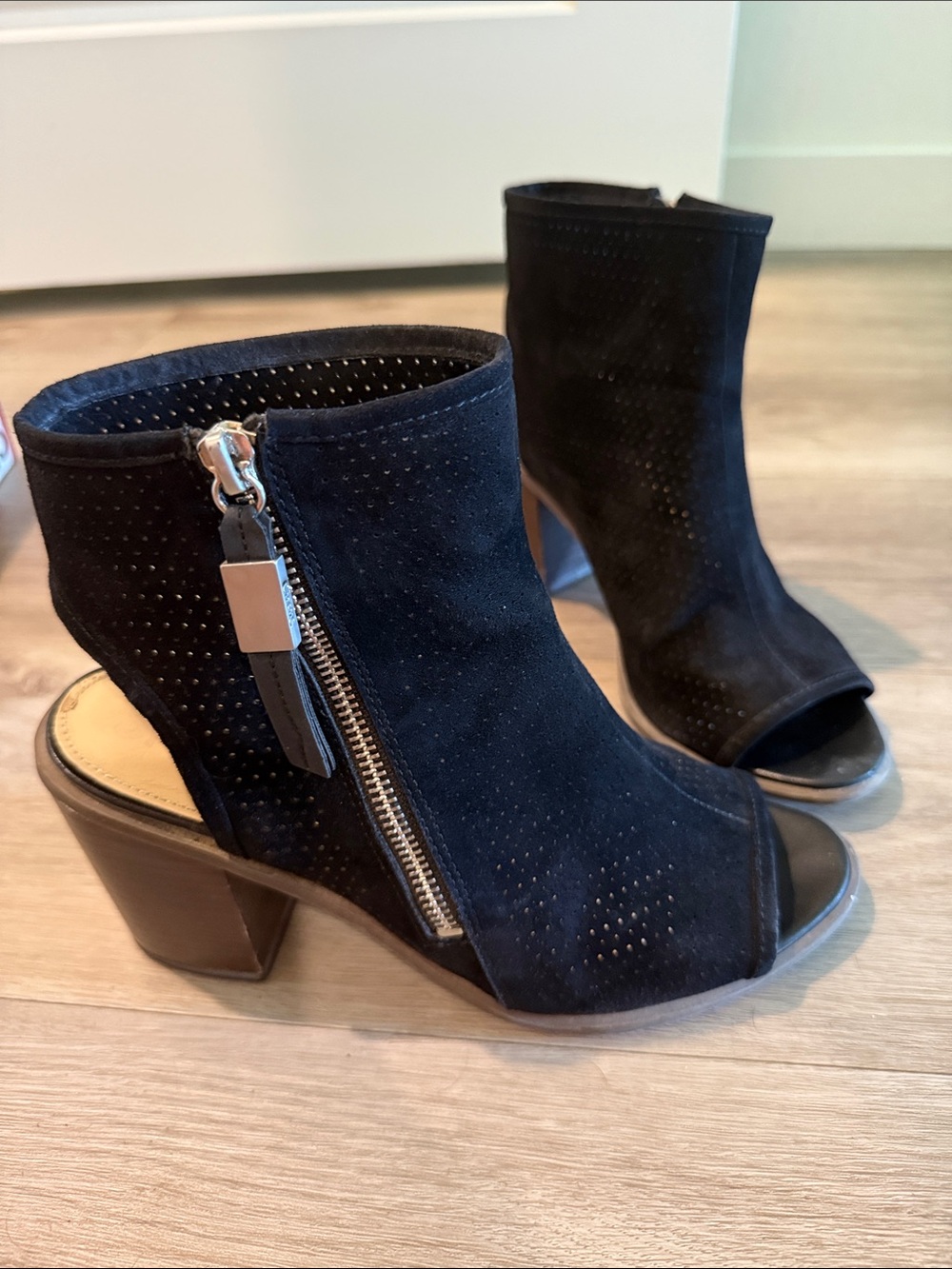 Circus by Sam Edelman Black Vegan Suede Peep-Toe Zip Ankle Heels - Women's
